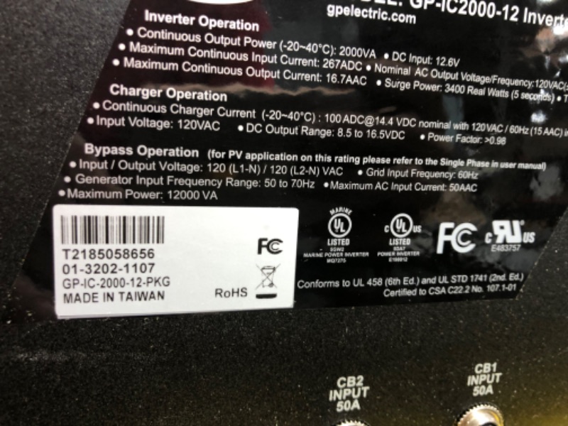 Photo 8 of *BACK OF INVERTER HAS SLIGHT INWARD DENT*
Go Power! GP-IC2000-12-PKG Pure Sine Wave Inverter (2000 Watt with 100 amp Charger Includes ICR-50 Remote)
