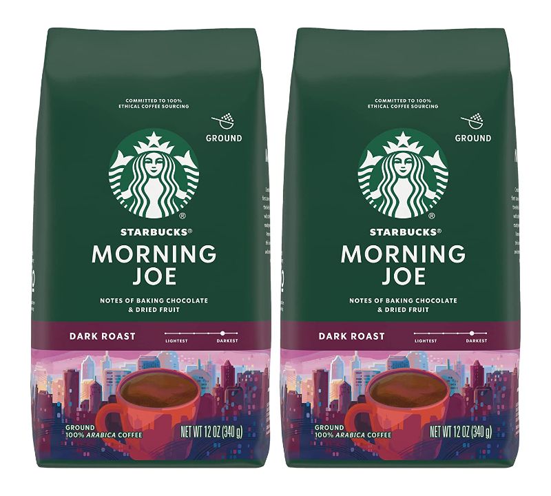 Photo 1 of *no refunds* exp: 04/17/2022 Starbucks Ground Coffee, Morning Joe, Dark Roast Coffee, Notes of Baking Chocolate & Dried Fruit, Ground 100% Arabica Coffee, 12-Ounce Bag (Pack of 2)
