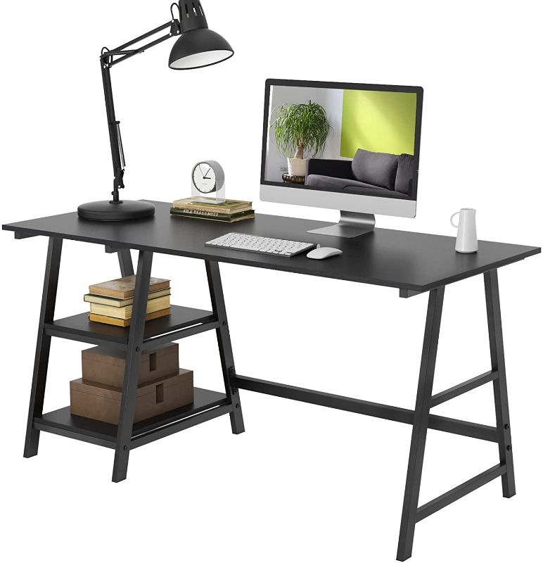 Photo 1 of Trestle Desk with 2 Shelves, Soges Home Office Storage Desk with Hutch, 55 inches Computer Desk Workstation, Student Desk Wooden School Desk, Black
