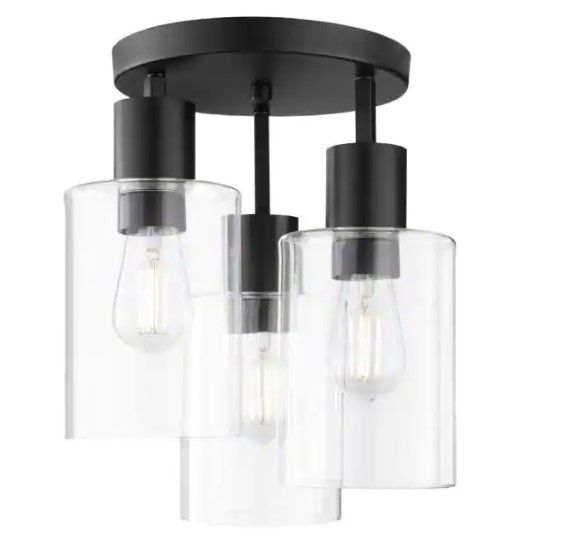 Photo 1 of Hampton Bay
Sutton Place 14 in. 3-Light Matte Black Flush Mount, Farmhouse Ceiling Light *one light missing*
