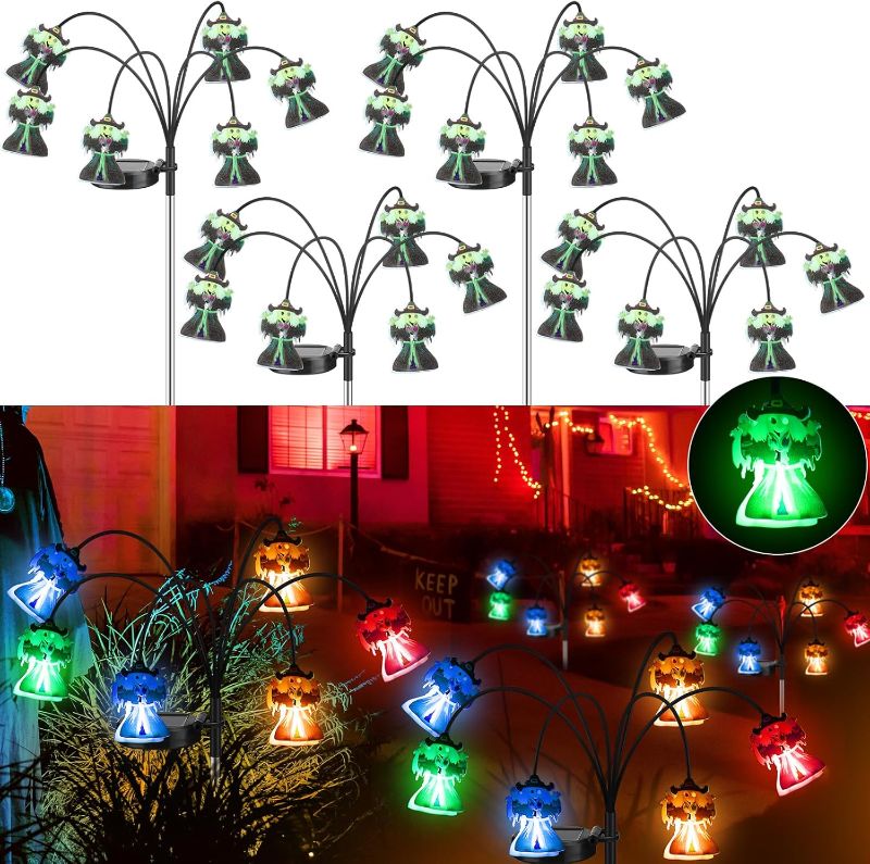 Photo 1 of Baquler 4 Packs Solar Witch Halloween Pathway Lights Horror Colorful Waterproof Solar Halloween Stake Lights for Garden Yard Patio Pathway Landscape Decor