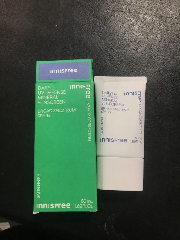 Photo 2 of innisfree Daily UV Defense Mineral Sunscreen Broad Spectrum SPF 45 with Hyaluronic Acid, Korean Sunscreen with Color Correcting Green Tint | EXP: 10/24/2025