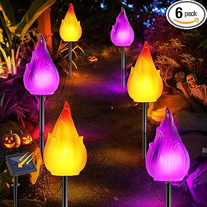 Photo 1 of Enhon 6 Pack Halloween Solar Torch Lights with Flickering Flame, Outdoor Solar Flame Lights with 96 LEDs Waterproof Solar Lights for Pathway Garden Patio Yard Lawn Sidewalk Decor(Orange Purple)