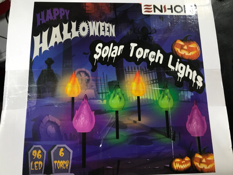 Photo 2 of Enhon 6 Pack Halloween Solar Torch Lights with Flickering Flame, Outdoor Solar Flame Lights with 96 LEDs Waterproof Solar Lights for Pathway Garden Patio Yard Lawn Sidewalk Decor(Orange Purple)