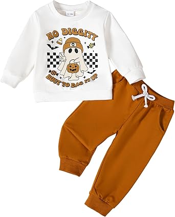 Photo 2 of Toddler Boy Halloween Outfit Long Sleeve Ghost/Pumpkin Sweatshirt+Casual Pants 2PCS Fall Clothes