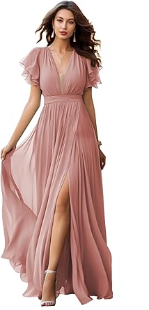 Photo 1 of Flutter Sleeves Dusty Rose Bridesmaid Dress with Slit Chiffon Formal Pleated Evening Dresses for Women SIZE 14