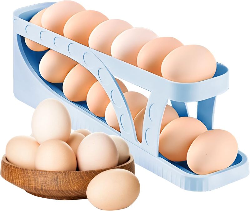 Photo 1 of Houksouml Egg Dispenser Automatic Rolling Egg Tray Organizer, Side-Door Space Saving Refrigerator Egg Roller, Holds 15 Eggs Simultaneously, Kitchen, Cabinets, and Dining Table Egg Basket (Blue) 