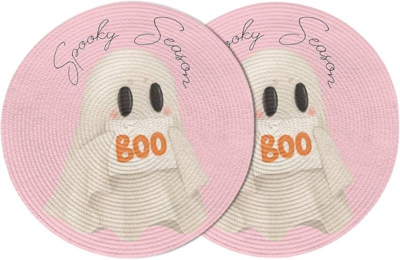 Photo 1 of Woven Place Mats for Kitchen Wedding Banquet Party Dining Tableware, Halloween Cute Ghost Pink Round Placemats Washable Home Table Decoration, 15 Inch Set of 2