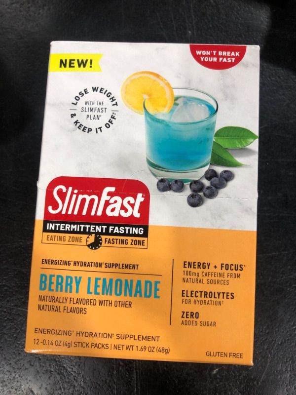 Photo 1 of SlimFast Intermittent Hydration Packets, Intermittent Fasting Electrolytes, Energy Powder Drink Mix, Caffeine from Natural Sources- Berry Lemonade (24 Count)
