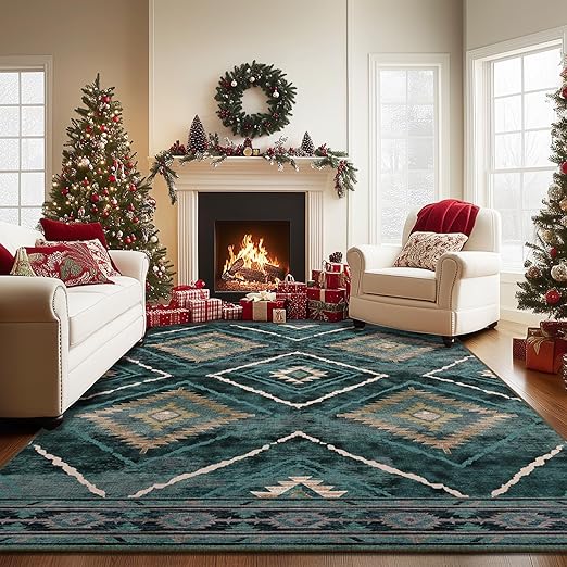 Photo 1 of BESTSWEETIE 6x9 Area Rugs Moroccan Rug 6x9 Rugs Farmhouse Rug Machine Washable Rugs Non-Slip Low Pile Ultra Soft Faux Wool for Living Room Bedroom Indoor Teal/Green