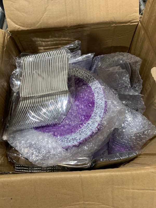 Photo 2 of Norme 450 Pcs Purple Silver Plastic Party Plates Sets Include 75 Dinner Pate 10.2 In, 75 Dessert Plate 7.5 In, 75 Cutlery, 75 Cup Lace Design Disposable Dinnerware for 75 Guests Wedding Party Supplies