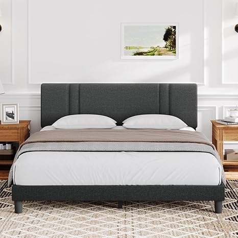 Photo 1 of ****UNKNOWN SIZE****Novilla Queen Bed Frame with Headboard, Bed Frame Size *****UNKNOWN**** with Wood Slats Support,Linen Upholstered Adjustable Headboard, No Box Spring Needed, Heavy Duty Feet, Easy Assembly, Dark Grey