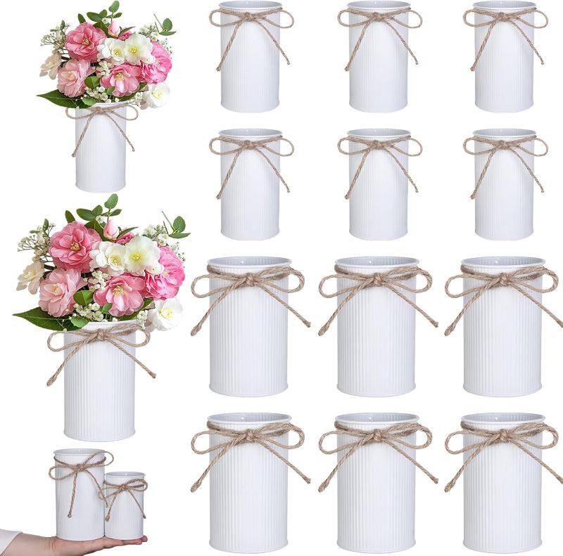 Photo 1 of 12 Pcs High Farmhouse Vase Decor 2 Sizes Metal Flower Vases White Iron Rustic Vases with Twine Small Vases Bulk Centerpieces Vases for Table Wedding Holidays Home Decoration Flower Arrangement
