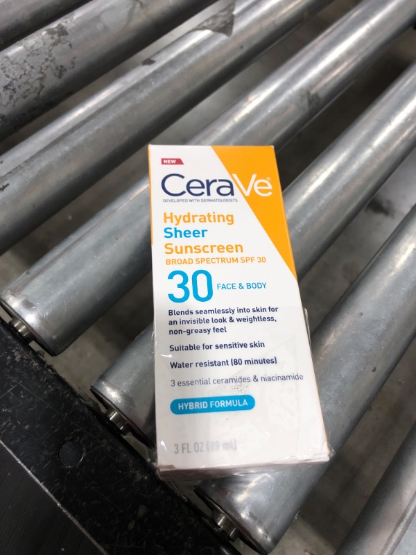 Photo 2 of CeraVe Hydrating Sheer Sunscreen SPF 30 for Face and Body | Mineral & Chemical Sunscreen with Zinc Oxide, Hyaluronic Acid, Niacinamides and Ceramides| Paraben Free Fragrance Free | 3 Ounces
Exp 10/2026