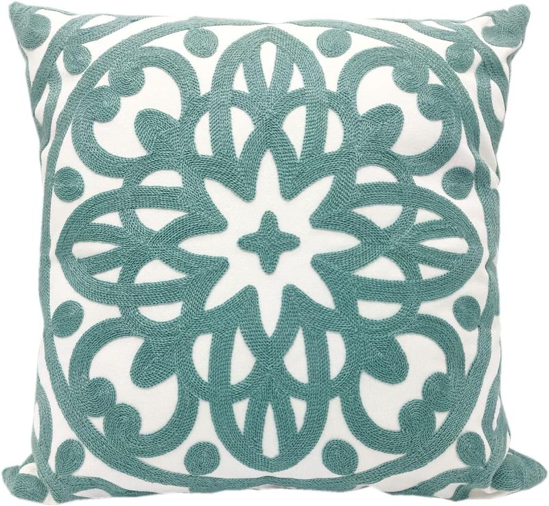 Photo 1 of Alysheer Embroidered Decorative Throw Pillow Cover 18x18 inch, Cozy Cool Boho Mandala Chic Knit Pattern, Durable 100% Cotton Cushion Case for Sofa Couch Living Room Bedroom Office Gifts (Aqua Blue) 2 pack 