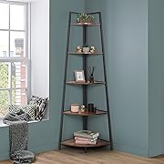 Photo 1 of  Corner Shelf Stand, 5-Tier Display Shelves, Ladder Corner Wood Storage Plant Bookshelf with Metal Frame, Versatile Shelving Unit Bookcase for Home Office Space, Rustic Oak