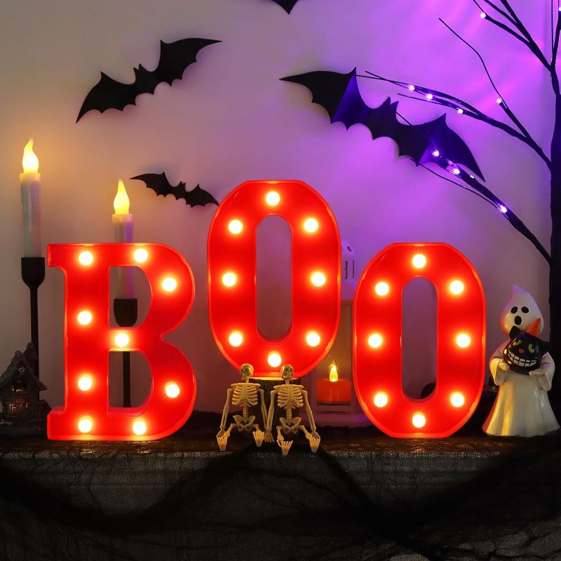 Photo 1 of Boo Sign Light Up Halloween Mantel Decor - 8.5 Inch Boo LED Marquee Letters Halloween Decorations Indoor - Battery Operated Halloween Lights for Kitchen Table Bedroom Living Room Home Wall Party Decor