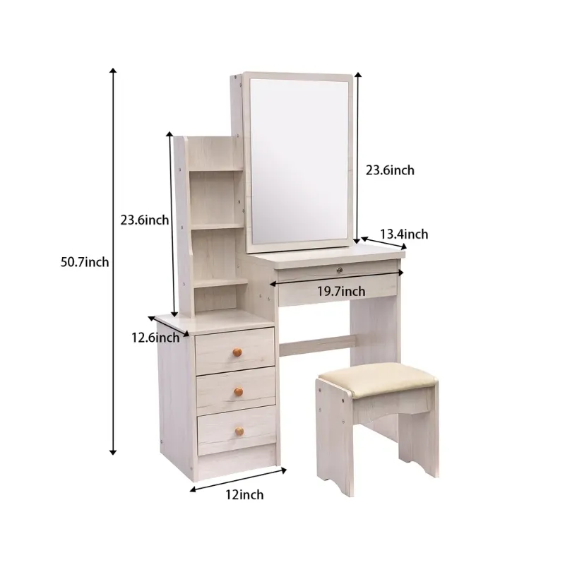 Photo 1 of CRAZY ELF Left Bedside Desk Model Vanity Table + Cushioned Stool, White Oak Color, Multi Layer High Capacity Storage, 4 Drawers (L31.5?x W14? x H51?)