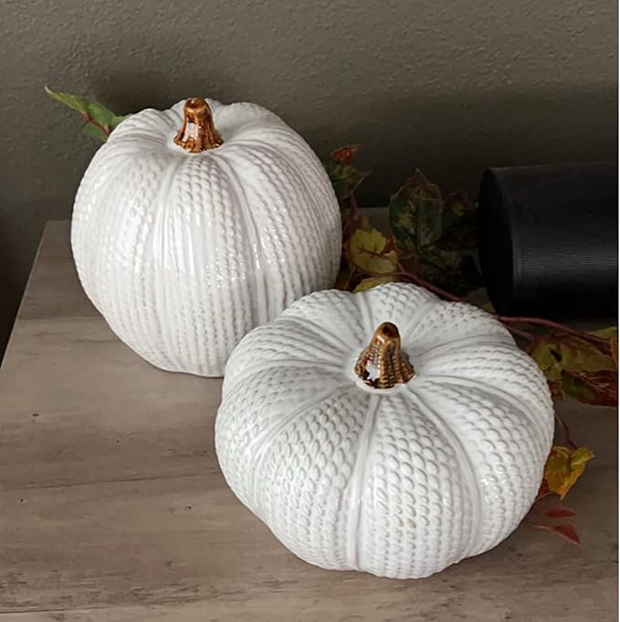 Photo 1 of One Holiday Way Elegant Set of 2 Decorative Knit White Faux Pumpkin Figurines - Rustic Fall Tabletop Decorations - Autumn Country Farmhouse Harvest Home Decor
