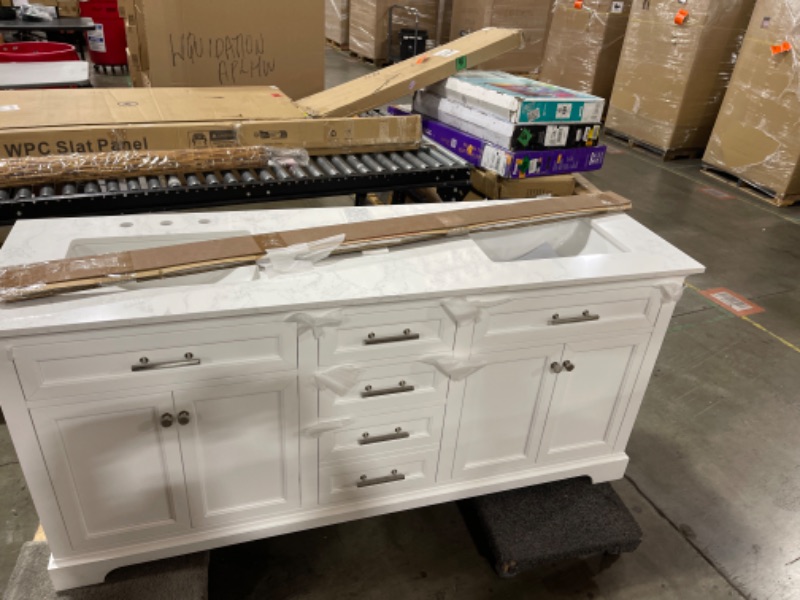 Photo 2 of Spring Mill Cabinets Eaton Double Bathroom Vanity with 2 Cabinets, 3 Drawers, Open Shelf, Sink, 60.5" W x 18.75" D x 35.53" H, White/Silver Ash Top 