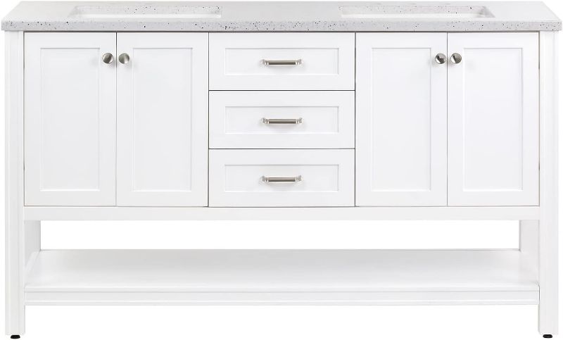 Photo 1 of Spring Mill Cabinets Eaton Double Bathroom Vanity with 2 Cabinets, 3 Drawers, Open Shelf, Sink, 60.5" W x 18.75" D x 35.53" H, White/Silver Ash Top 