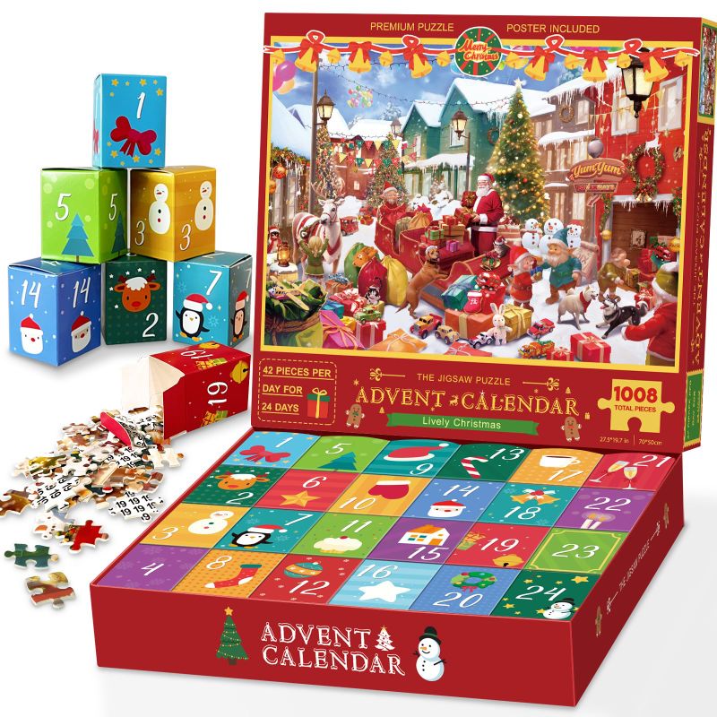 Photo 1 of Puzzle Advent Calendar 2024 for Kids and Adults, 24 Days Christmas Countdown Calendars for Boys Girls, 1008 Pieces Christmas Puzzle in 24 Boxes, Lively Christmas(27.56 x 19.68 Inch)