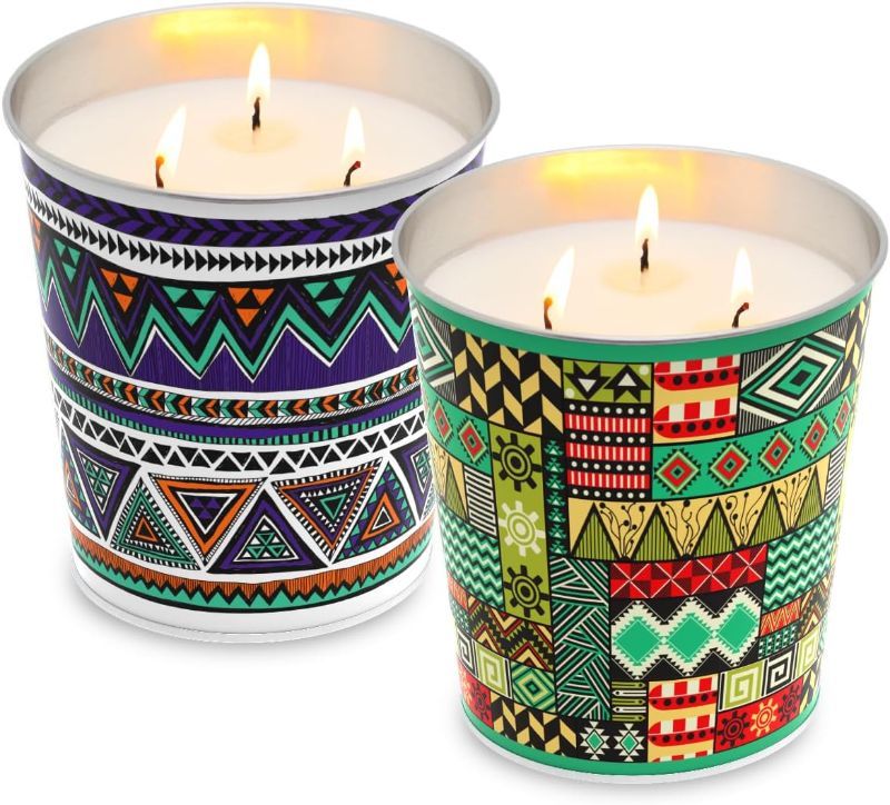 Photo 1 of 2 Pack Citronella Candles, Natural Soy Wax with 3 Wicks, Decorative Outdoor and Indoor Candle for Patio, Garden, Camping, Long-Lasting Burn in Vibrant Tribal Patterned Tins
