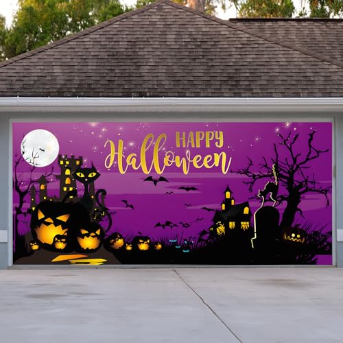 Photo 1 of Halloween Garage Door Decorations Cover Banner 7 x 16Ft with 13 Reinforced Copper Rings - Halloween Gate Print Halloween Large Backdrop Decoration for Garage Party Wall Door Gate, 3 Accessories