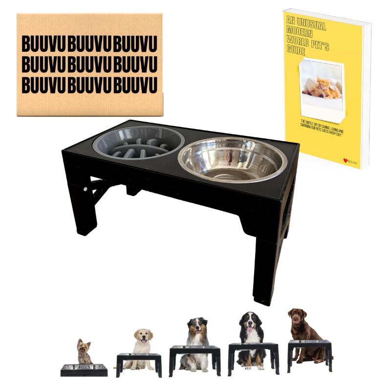 Photo 1 of Elevated Dog Bowls with 1 Stainless Steel Bowls & Slow Feeder - Ergonomic Raised Dog Feeder with 5 Heights, Non-Slip Stand, Ideal for Small to Large Dogs and Cats, Black