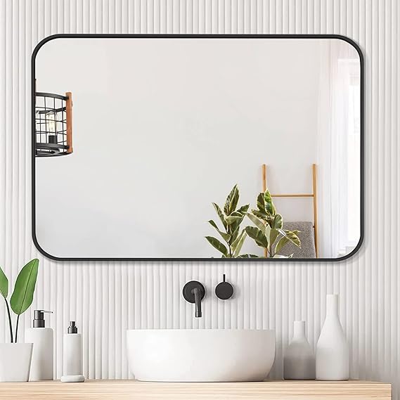 Photo 1 of Bathroom Mirror 18X 14 Inch Wall Mirrors with Black Aluminum Alloy Matte Framed,Rounded Rectangle Mirrors for Bedroom,Vanity,Entryway Hall,Living Room(Hangs Horizontal/Vertical)