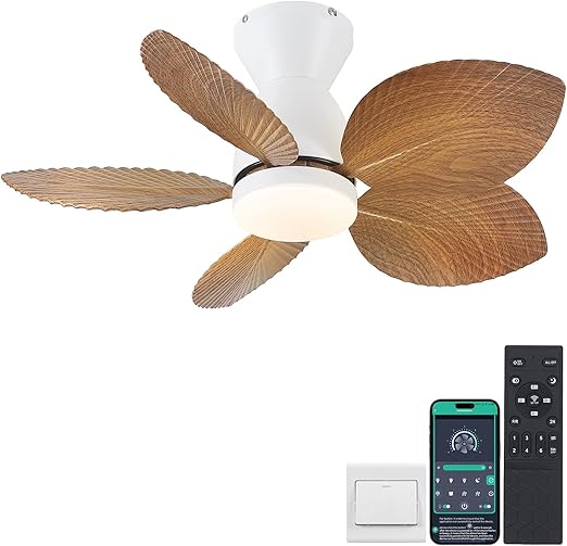 Photo 1 of Ceiling Fans with Lights, 30 inch Low Profile Ceiling Fan with Remote/APP Control, Flush Mount Tropical Ceiling Fan, Small Outdoor Palm Leaf Ceiling Fan with Light for Patios Porch, White