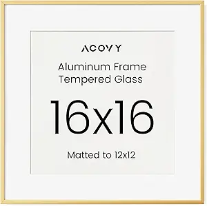 Photo 1 of 16x16 Square Picture Frame, 16x16 Frame Matted to 12x12, Metal 16 x 16 Photo Frame for Wall Display,High Definition Tempered Glass, Wall Hook Included (Gold, Pack of 1)