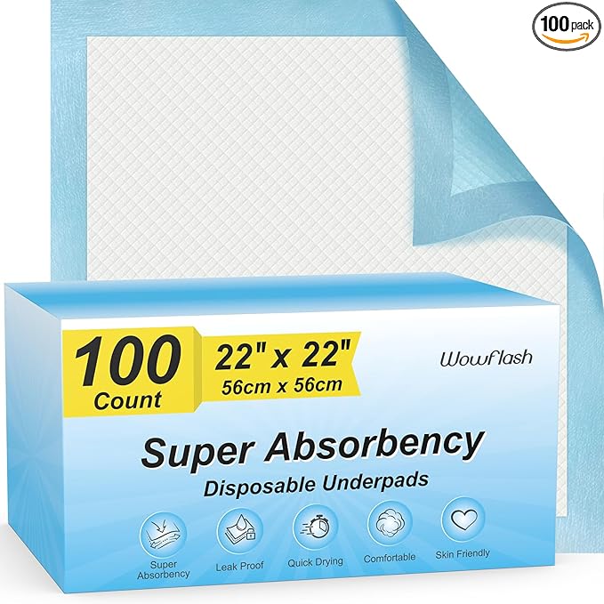 Photo 1 of 100 Count 22” x 22” Super Absorbency Disposable Underpads, Leakproof Quick Drying Disposable Pads for Baby, Puppy and Adults, Puppy Pads, Cat Pee Pads for Dogs, Potty Puppy Training Pads 