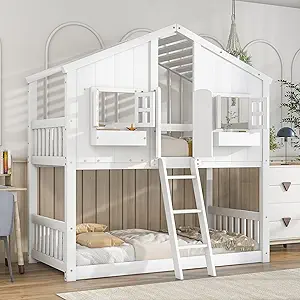 Photo 1 of BOVZA Twin Over Twin House Bunk Beds with Roof and Window Door, Window Box, Ladder, Wood Playhouse Bunk Bed for Kids Girls Boys Teens, White
