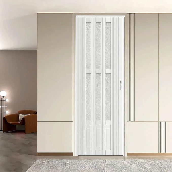 Photo 1 of 38×96 in White Accordion Door with Frosted Acrylic Glass,PVC Interior Folding Doors for,No Need for Punching, Include Door and Mounting Hardware,Handle,Latch ?
