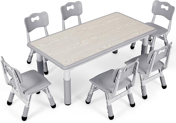 Photo 1 of Arlopu Kids Study Table and 6 Chairs Set, Height Adjustable Graffiti Table, Preschool Activity Art Craft Table for 6, Multifunctional Toddler Table, Reading, Drawing, Eating Interaction (Gray)
