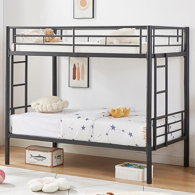 Photo 1 of VECELO Metal Bunk Bed Twin Over Twin, Industrial Bunkbeds with Ladder and Full-Length Guardrail, Noise Free, No Boxing Spring Needed, Black
