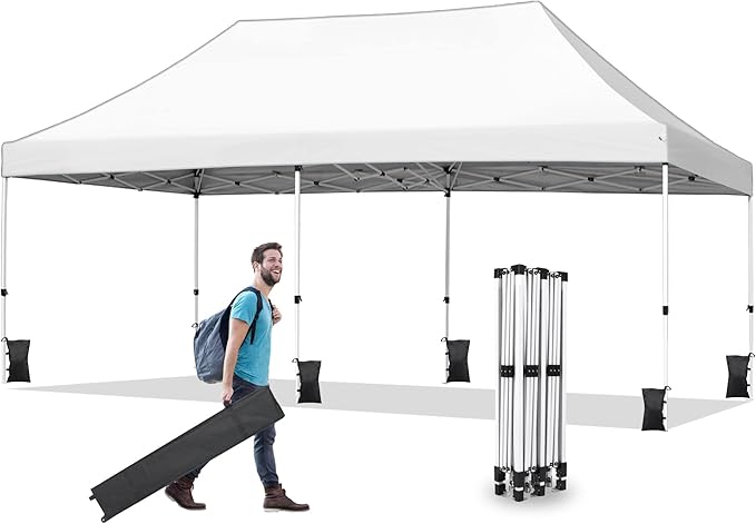 Photo 1 of 10x20 Pop Up Canopy Tent, Ez Pop Up Outdoor Canopy Instant Shade, Adjustable Waterproof Party Tent with Roller Bag, 8 Stakes, 6 Sand Bags and 4 Ropes
