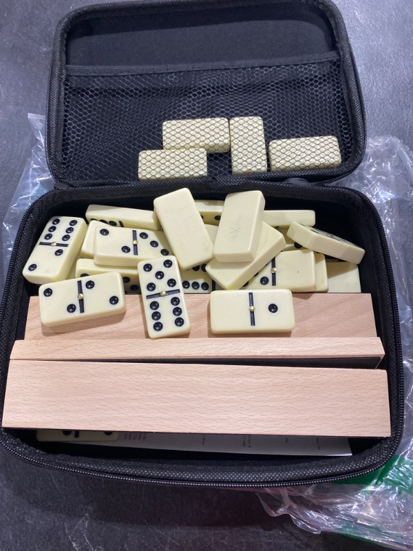 Photo 2 of uvcany Dominoes Set for Adults with 4 Wooden Racks/Trays, Double 6 Dominoes Travel Set with Portable Case Double Six Dominoes Set with 4 Tiles Holders, 28 Tiles Dominos Set for Family Board Games