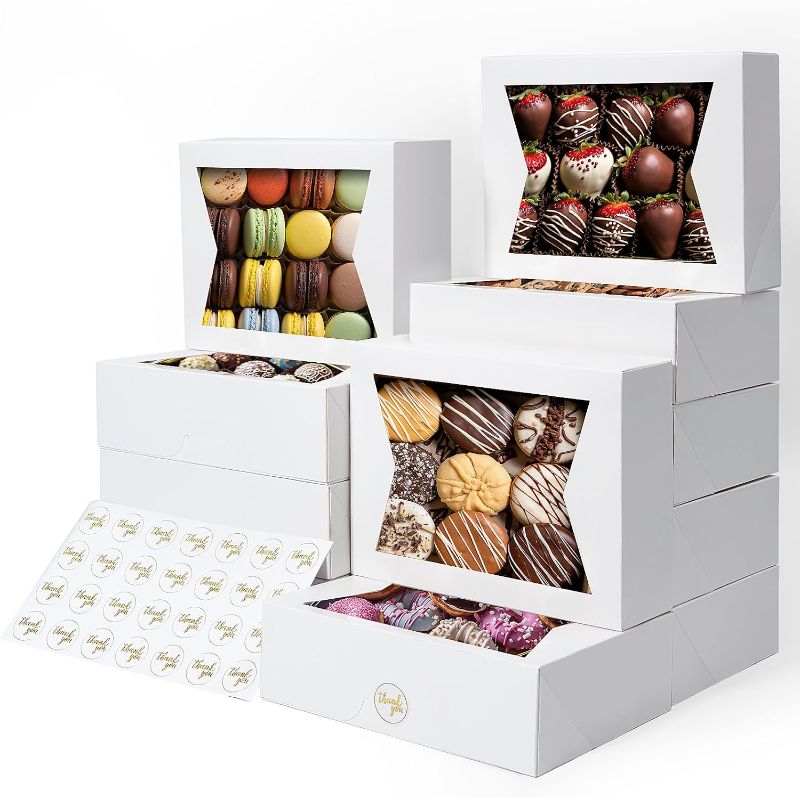 Photo 1 of  Shallive 48pcs Bakery Boxes 8-In with Windows, Cookie Boxes White for Chocolate Covered Strawberries, Treats, Donuts, Cupcakes, and Candy Gift Giving 8x6x2.5 Inch 