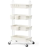 Photo 1 of  4-Tier Rolling Cart, Utility Cart with Lockable Casters, PP Plastic Storage Baskets, Hanging Cups & Hooks, Rolling Cart for Living Room, Bedroom, Kitchen, Bathroom, Art Studio(White)
