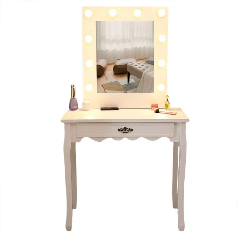 Photo 1 of  Makeup Vanity Table Set Mirror Vintage Dressing Desk Bedroom White Large Vanity Desk with Storage Drawers and Cushioned Stool Dresser Table for Women Girls