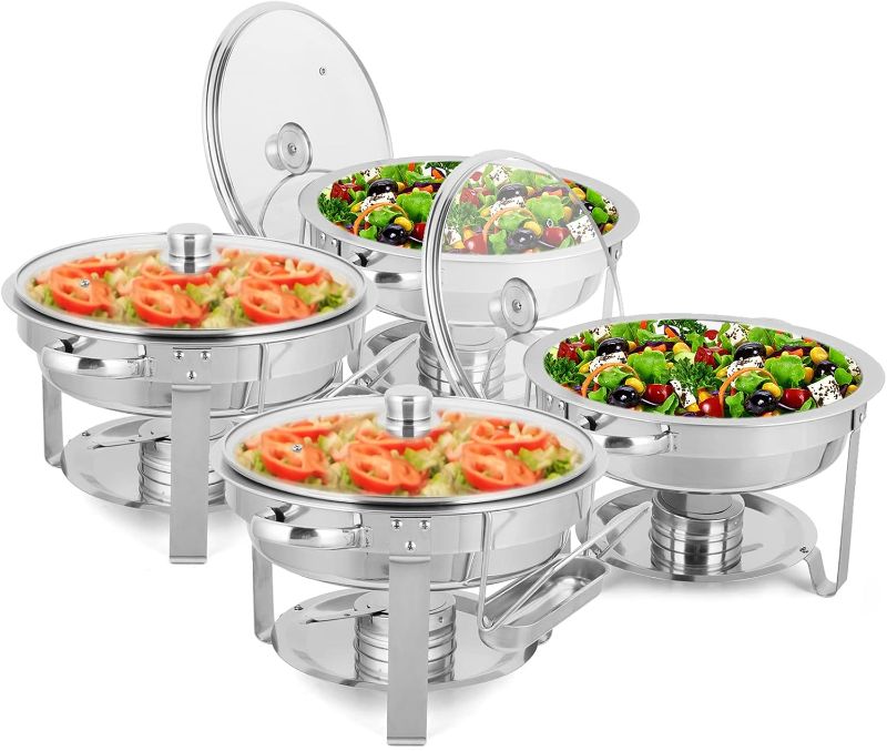 Photo 1 of  4 Pack Chafing Dish Buffet Set, NSF Stainless Steel Round Chafers for Catering, Buffet Servers and Warmers Set with Glass Lid & Lid Holder, Thick Stand Frame for Wedding Party Banquet Event