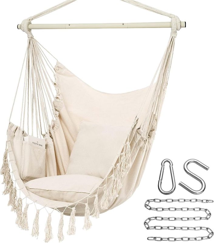 Photo 1 of  Stop Hammock Chair Hanging Rope Swing, Max 500 Lbs, 2 Cushions Included, Large Macrame Hanging Chair with Pocket for Superior Comfort, with Hardware Kit (Beige) 