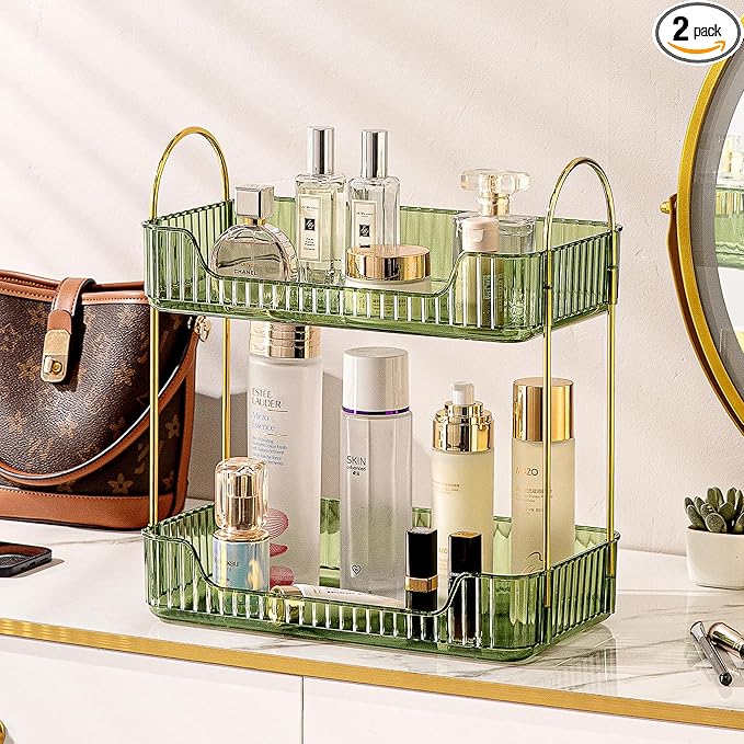 Photo 1 of Bathroom Counter Organizer Countertop Shelf, Skincare Organizer Perfume Holder for Dresser, Bathroom Countertop Tray for Cosmetic, Skin Care, Lipstick (2 Tiers, Green)