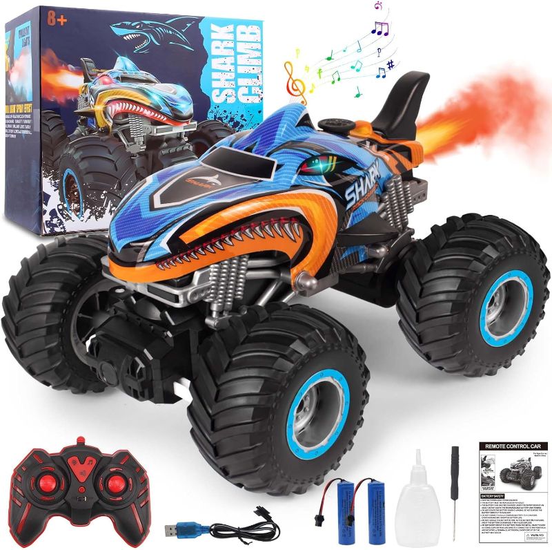 Photo 1 of 1:16, 2.4 GHz All Terrain Monster Truck, RC Truck 2 Rechargeable Batteries for 80 Mins Play, Spray Remote Control Car for Boys 8-12 and Girls or Adult, MK724A