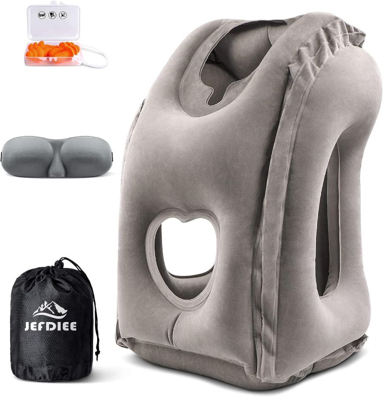 Photo 1 of JefDiee Inflatable Travel Pillow, Airplane Neck Pillow Comfortably Supports Head and Chin for Airplanes, Trains, Cars Office Napping on The Tray Table (Grey)