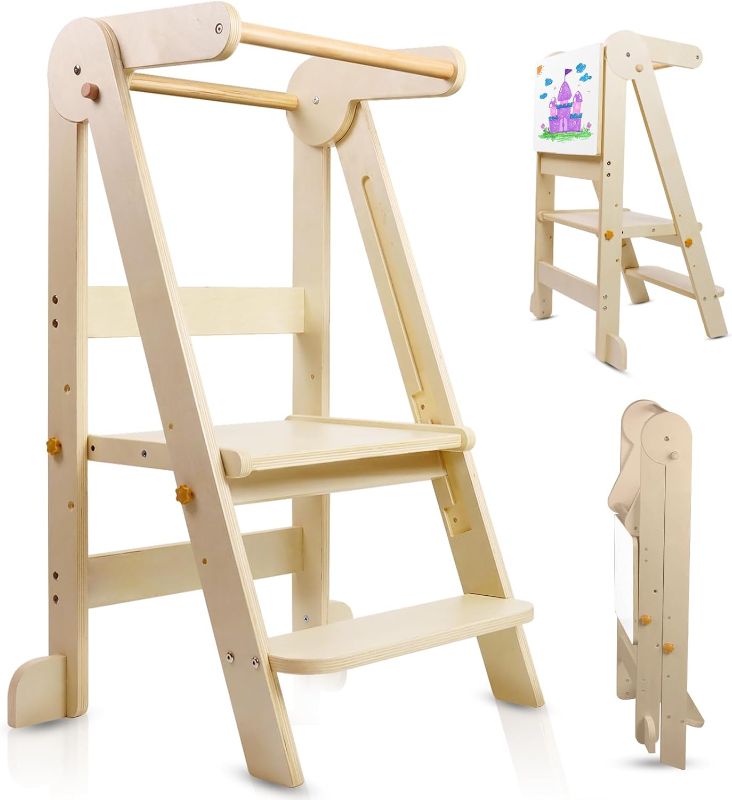 Photo 1 of Foldable Toddler Kitchen Stool Helper, Toddler Tower with 3 Adjustable Height, Wooden Toddler Step Stool, Collapsible Toddler Tower, Toddler Stool for Kitchen and Bathroom (Nature)