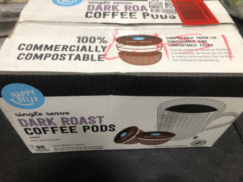 Photo 1 of Amazon Brand - Happy Belly Dark Roast Coffee Pods, Compatible with Keurig 2.0 K-Cup Brewers, 96 Count
