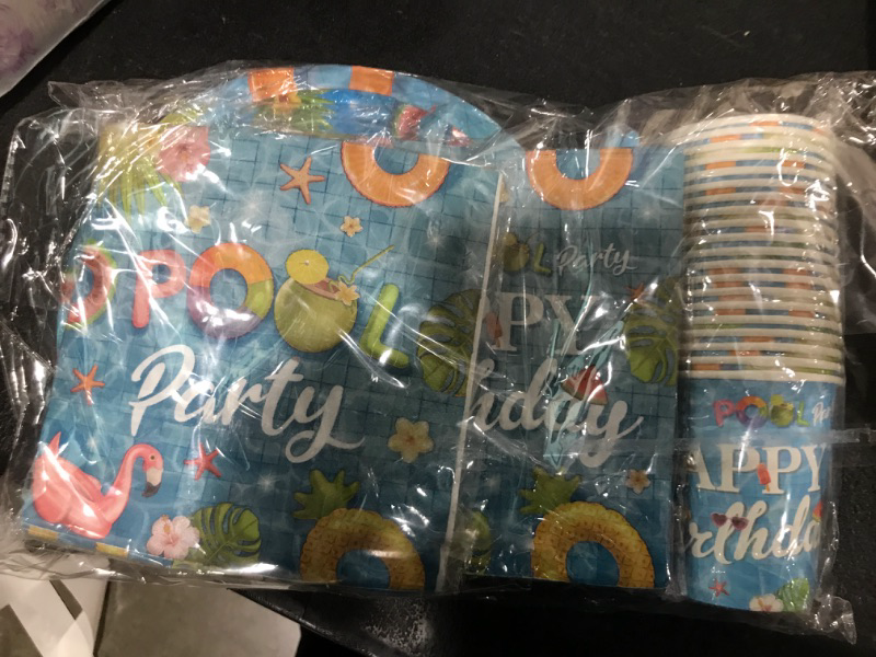 Photo 1 of 142 Pieces Pool Birthday Party Supplies - Summer Pool Tableware Set Birthday Dining Plate, Tablecloth for Summer Pool Birthday Party, Hawaii Holiday Decorations